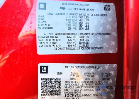 2021 Chevrolet Silverado K1500 Trail Boss Custom z USA, uszkodzony, nr VIN 1GCPYCEF6MZ188739